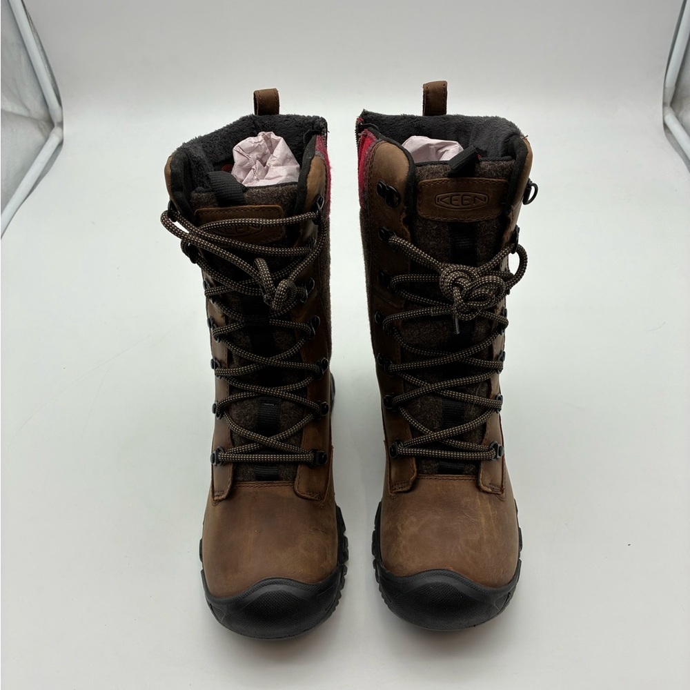 KEEN Women Brown Leather Lace-Up Winter Boots with Pink Accent, 7